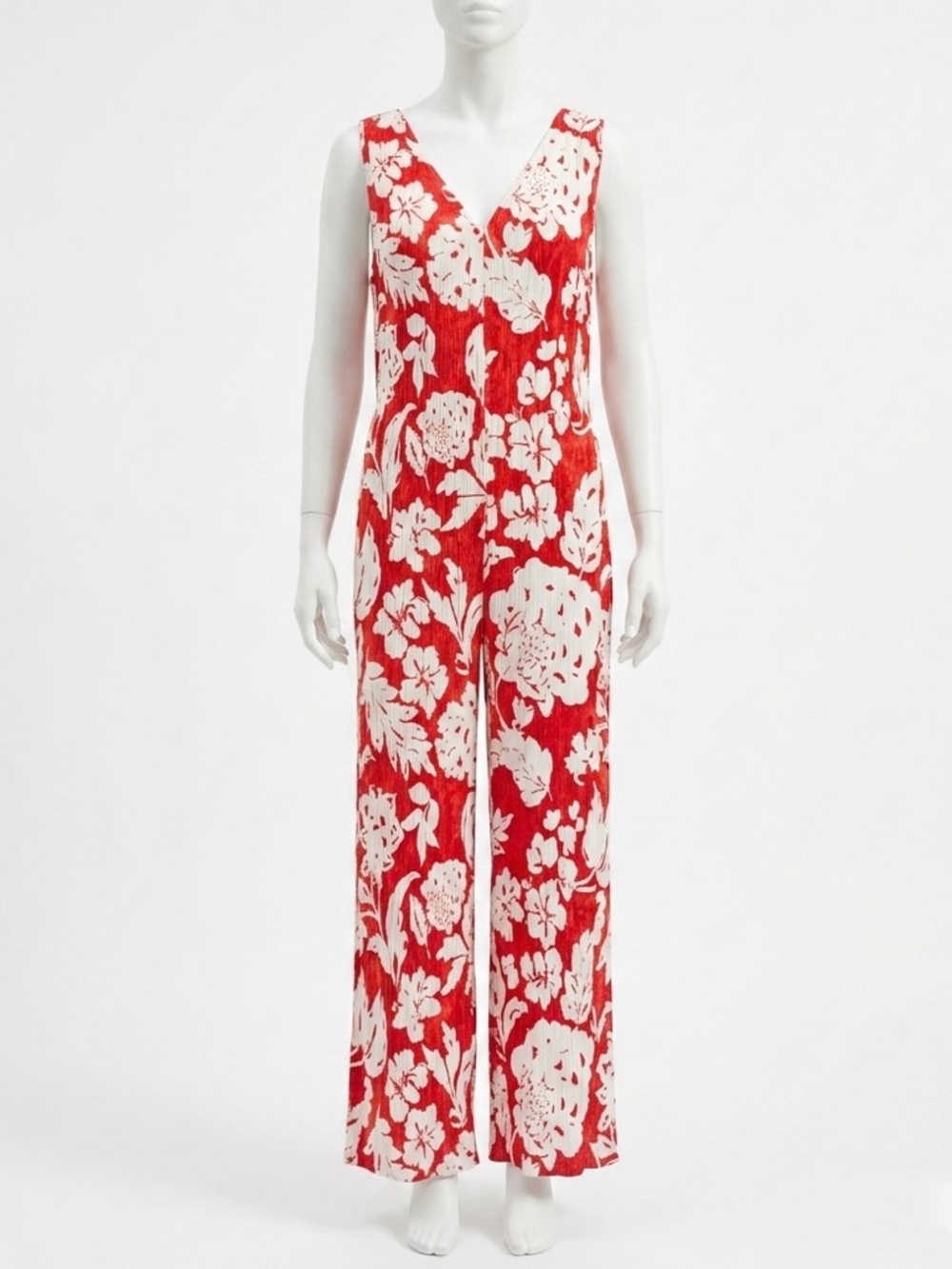 Mango MNG Red & White Floral Wide Leg Jumpsuit XL Textured V-Neck Flowy & Light